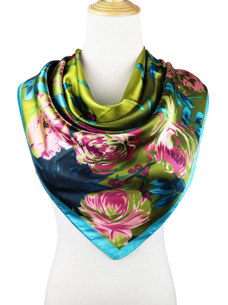vabovin Women's 35" Satin Square Silk Like Hair Scarves and Wraps Headscarf for Sleeping (Green Pink Rose Flowers) - Image 3